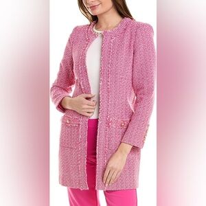 Tweed Bouclé Pink White Jacket Blazer Pearl Buttons Nanette Lepore 🌸💗